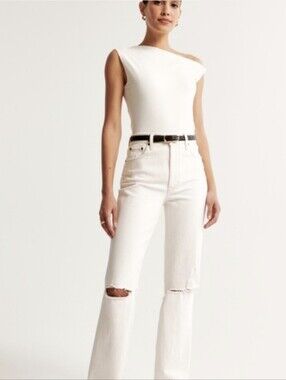 Nwt Abercrombie & Fitch 90s Straight Ultra High Rise Cream Ripped Jeans Sz 4/27L